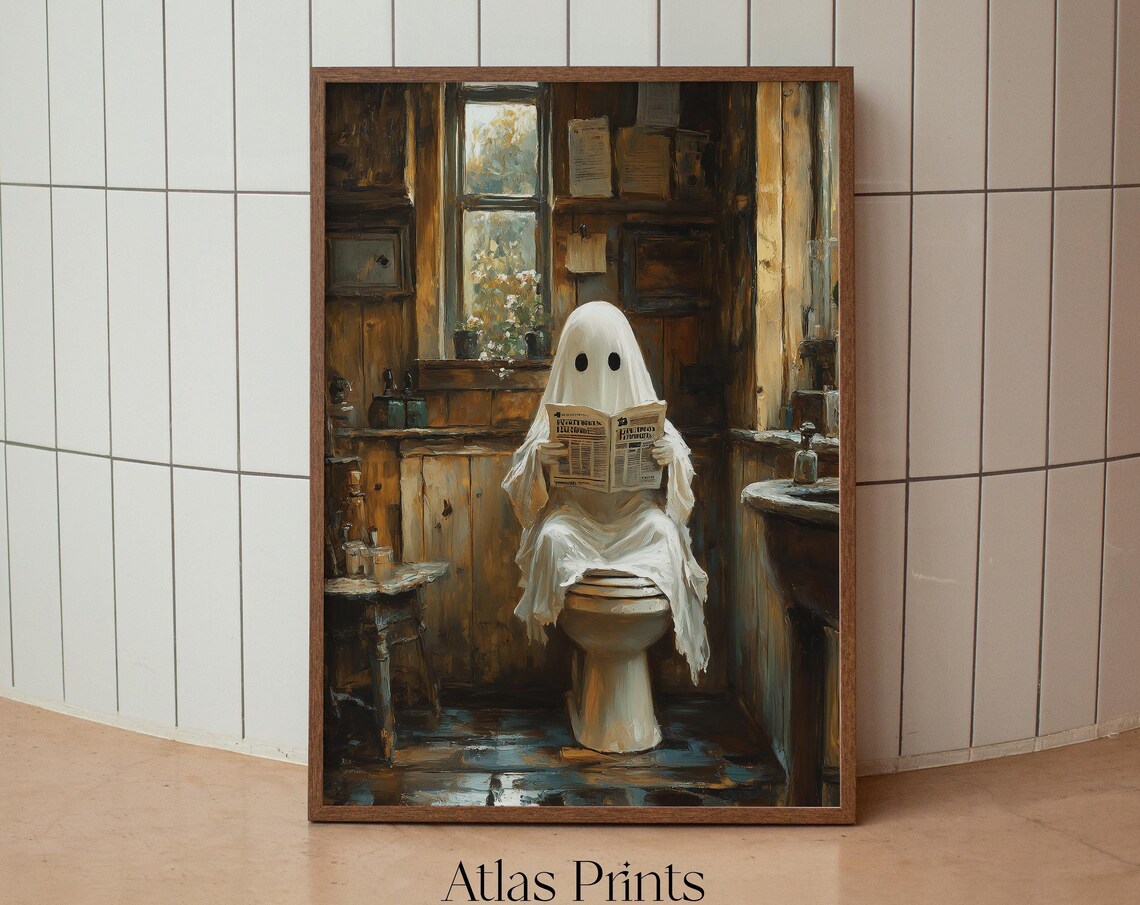 Cute Ghost On Toilet Halloween Print Dark Academia Spooky Apartment Decor Funny Gothic Bathroom Wall Art