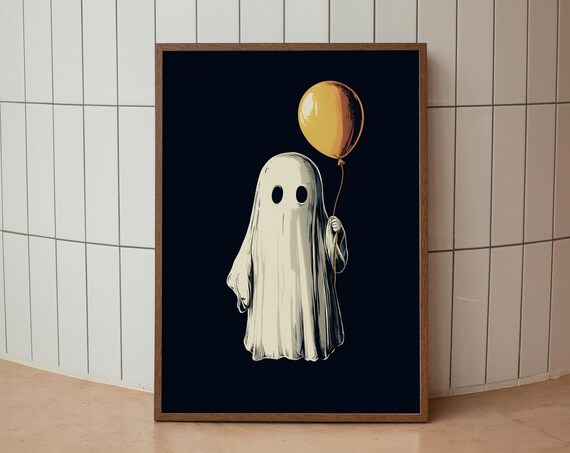 Cute Ghost Holding A Yellow Balloon On Black Background Poster