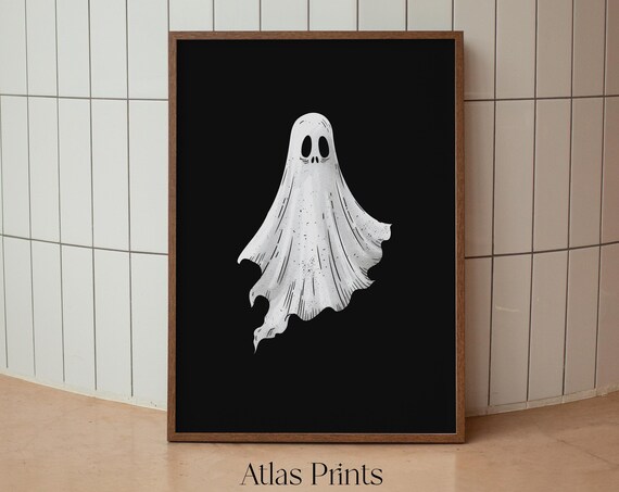 Cute White Ghost Black Background Whimsical Spooky Halloween Poster
