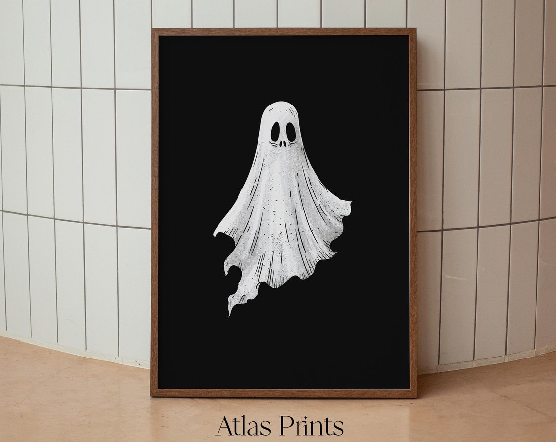 Cute White Ghost Black Background Whimsical Spooky Halloween Poster