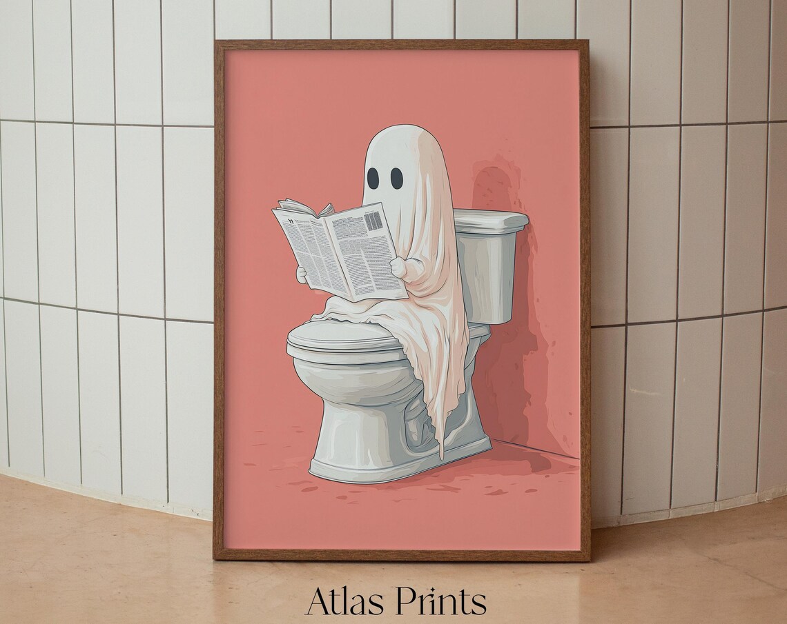 Cute Ghost Reading Newspaper On Toilet Funny Pink Halloween Bathroom Poster