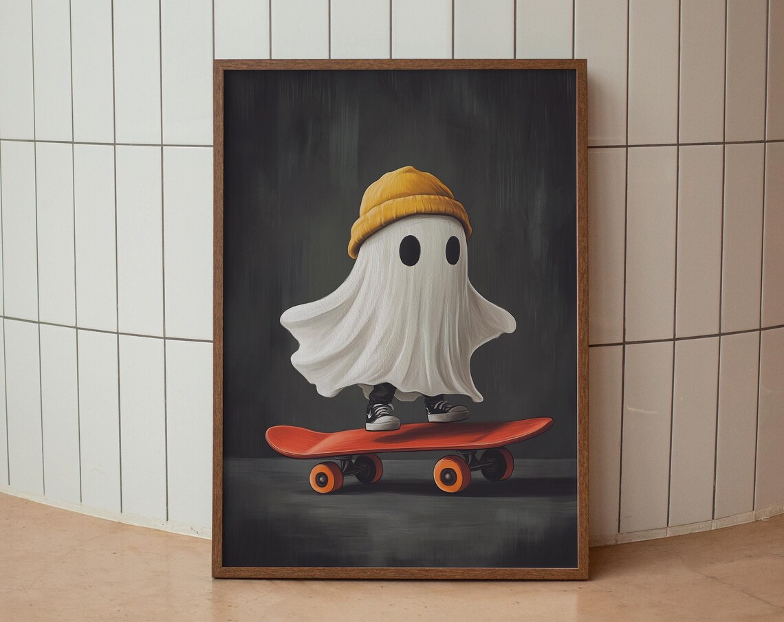 Modern Ghost Halloween Print Cute Ghost On Skateboard Poster Spooky Midcentury Modern Wall Art Funny College Dorm Decor