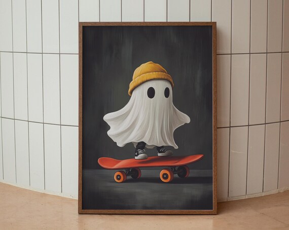 Cute Ghost In Yellow Beanie Riding Orange Skateboard Fun Halloween Poster