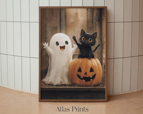 Cute Ghost Black Cat Pumpkin Halloween Spooky Kids Party Poster
