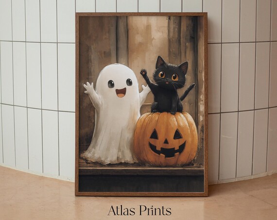 Ghost Black Cat And Pumpkin Painting Print Spooky Halloween Cottagecore Decor Funny Little Cute Ghost Wall Art Downlaod