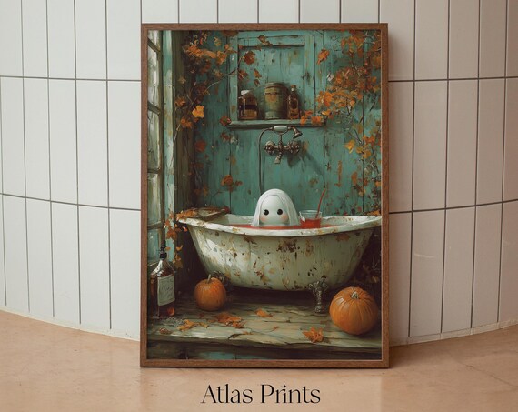 Cute Ghost In Hot Tub Halloween Print Dark Academia Naked Ghost Spooky Decor Funny Victorian Bathroom Wall Art