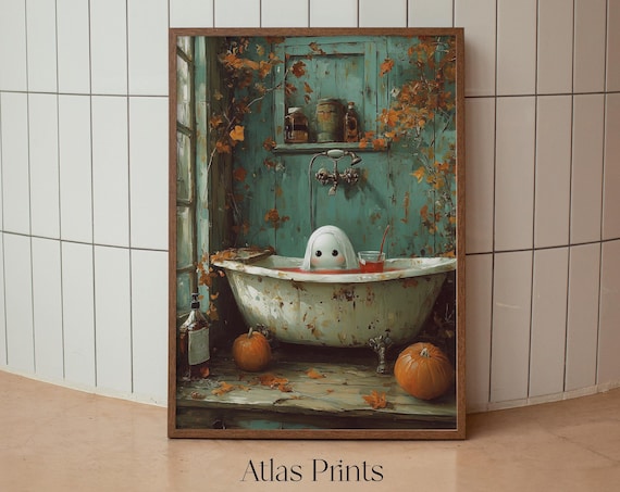 Cute White Ghost Bathing With Pumpkins Autumn Halloween Poster