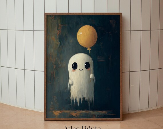 Cute Smiling Ghost Holding Yellow Balloon Dark Vintage Halloween Painting Poster