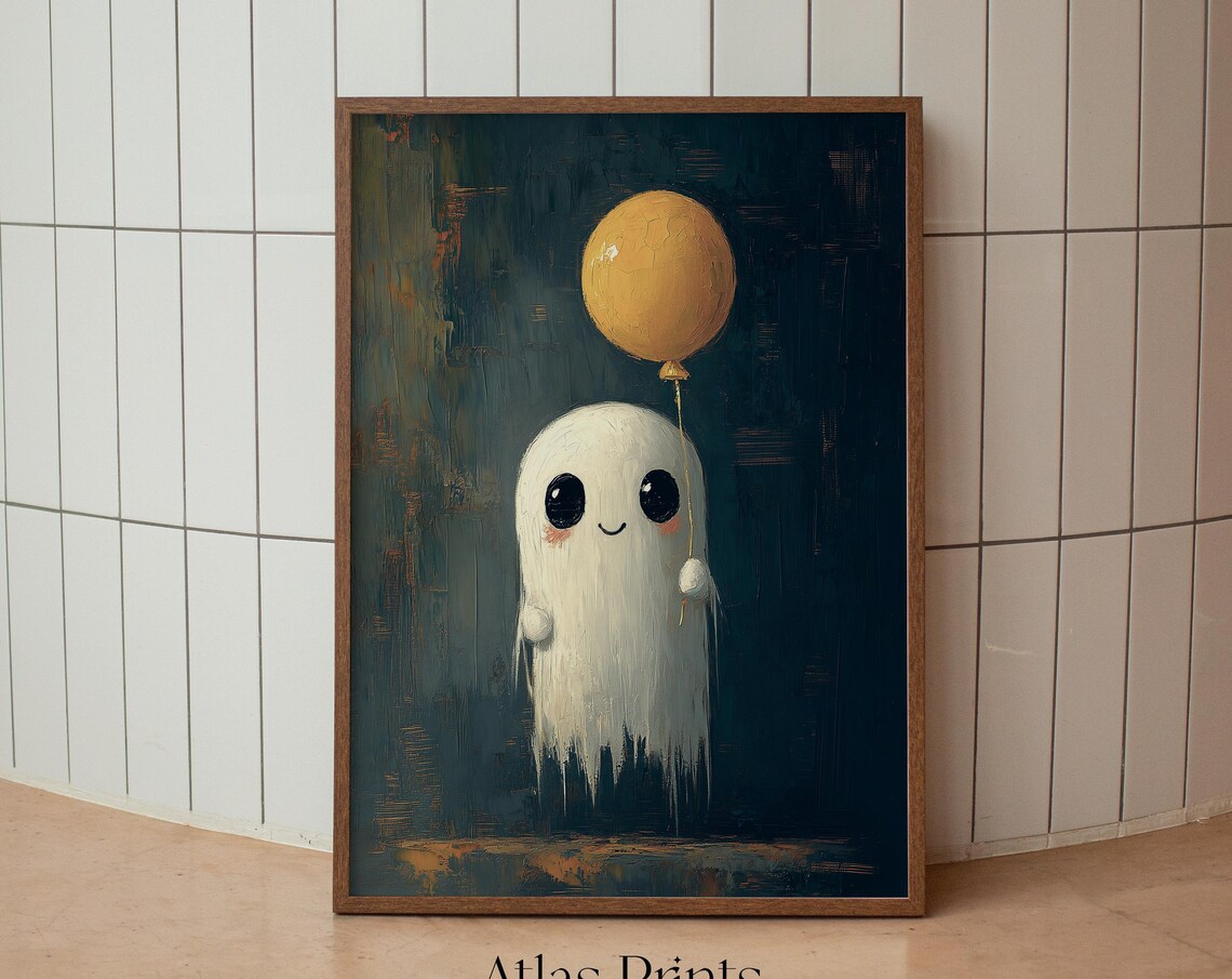 Cute Smiling Ghost Holding Yellow Balloon Dark Vintage Halloween Painting Poster