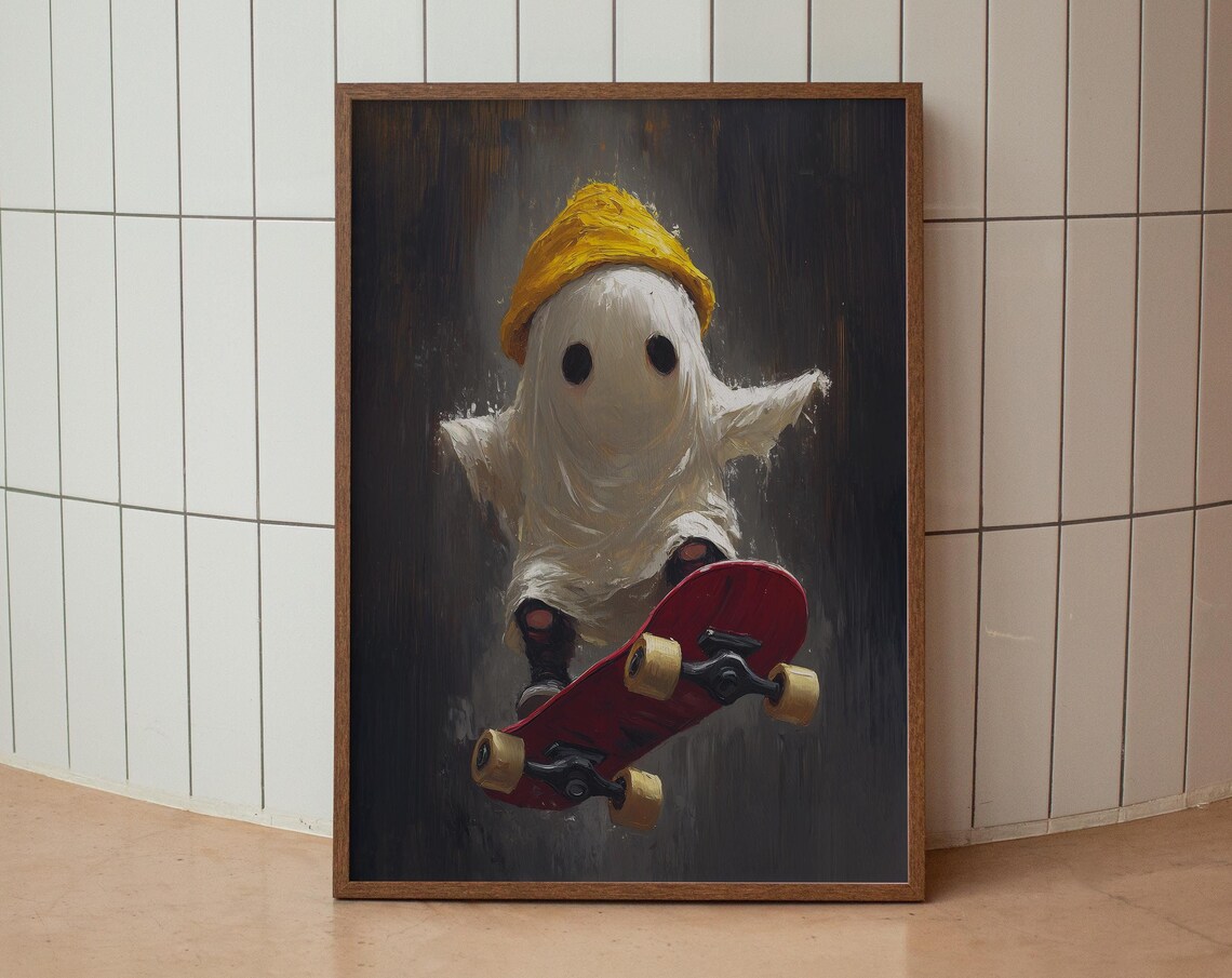 Cute Ghost Riding Red Skateboard With Yellow Beanie Halloween Poster