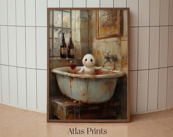 Cute Ghost In Hot Tub Halloween Print Dark Academia Naked Ghost Spooky Decor Funny Victorian Bathroom Wall Art