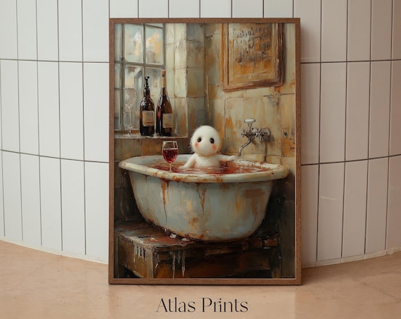 Whimsical White Creature Red Wine Bath Rustic Bathroom Oil Poster
