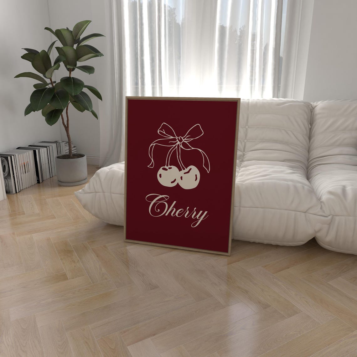 Cherry Burgundy Cream Fruit Bow Retro Kitchen Wall Art Print - Image 2