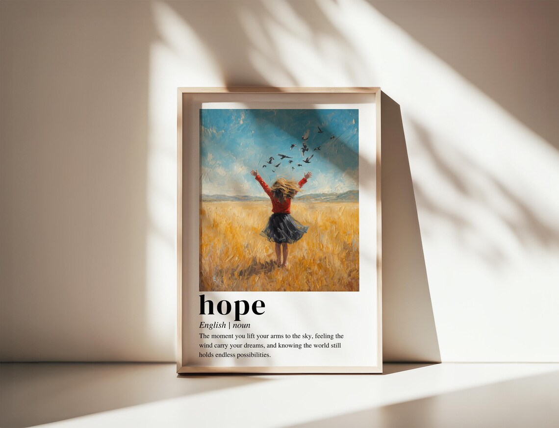 Hope English Word Art Girl in Wheat Field Birds Definition Poster
