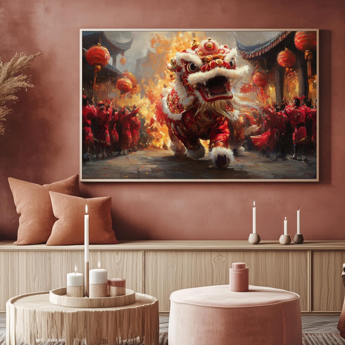 Chinese Lion Dance Lanterns Street Festival Painting TV Poster - Image 2