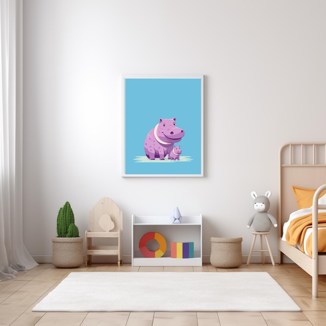 Mommy And Baby Hippo Smiling Light Blue Nursery Wall Art Poster - Image 4