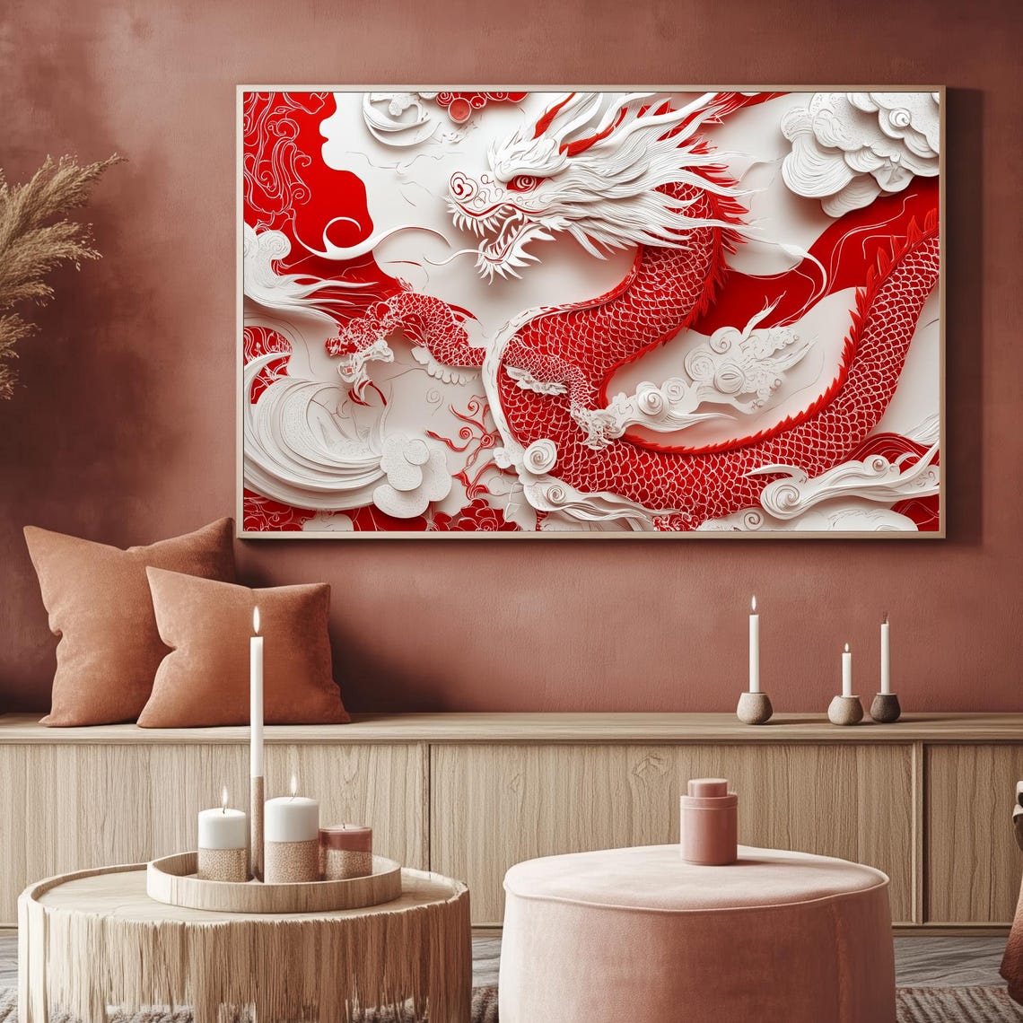 Red Papercut Dragon Clouds Chinese Zodiac Art Frame TV Poster - Image 2