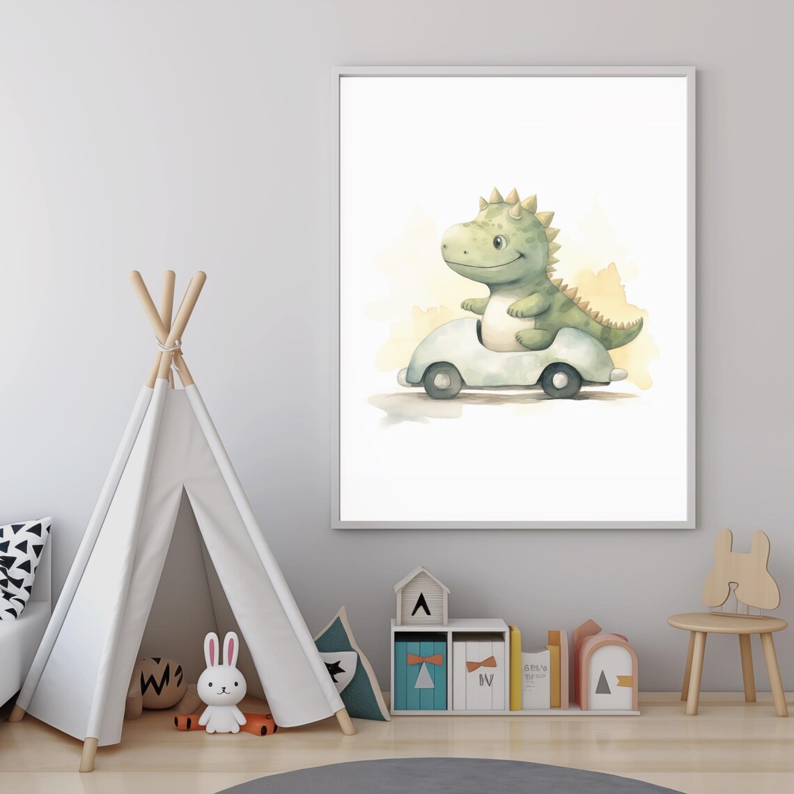 Baby Dinosaur Riding Blue Toy Car Cute Watercolor Nursery Wall Art - Image 4