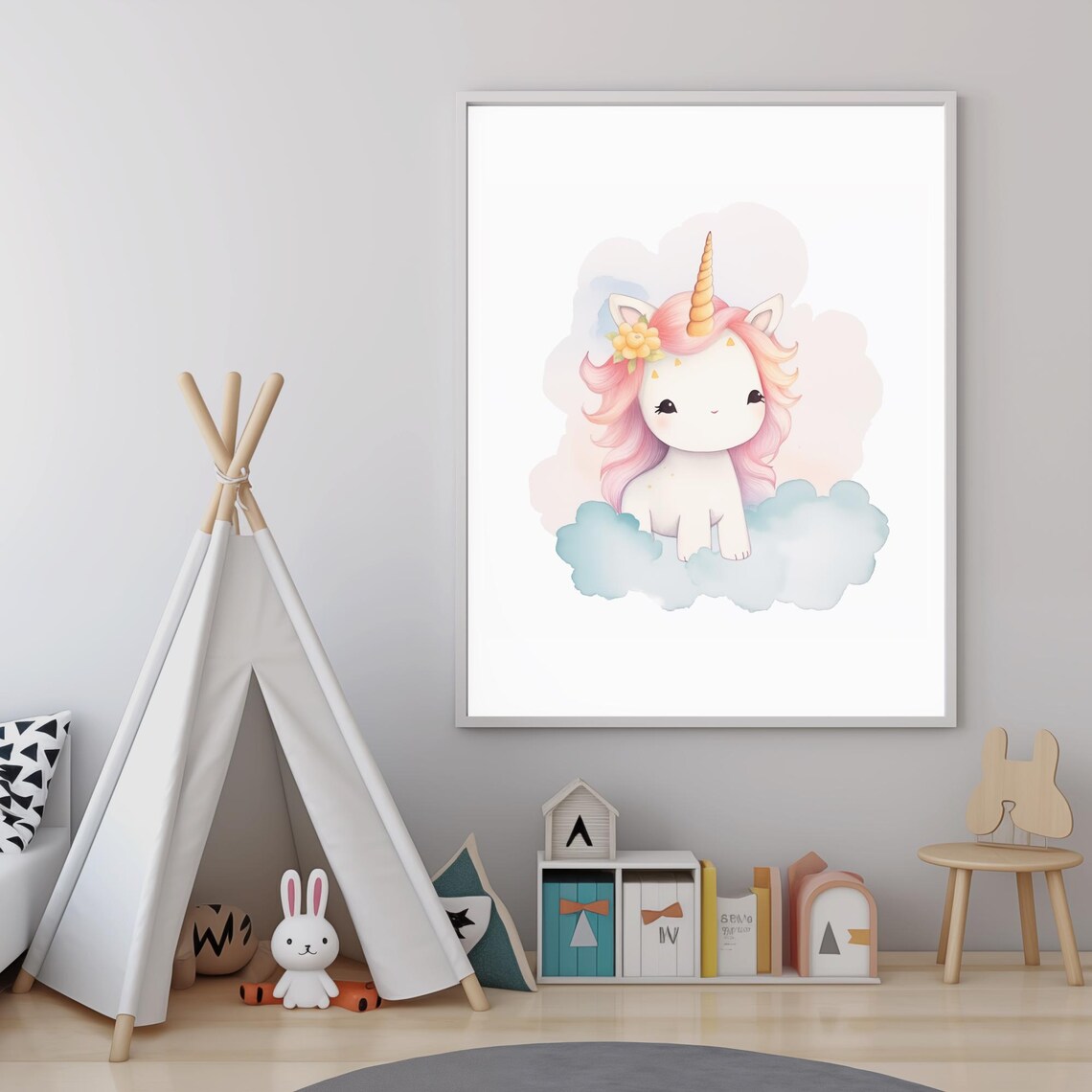 Cute Baby Unicorn Watercolor Clouds Sweet Nursery Wall Art Poster - Image 4