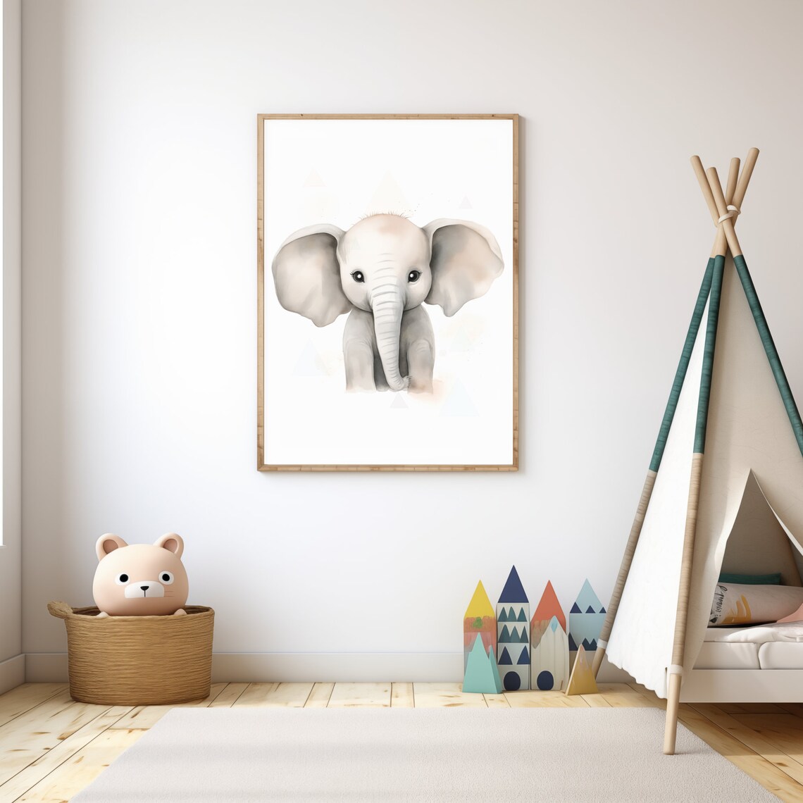 Sweet Baby Elephant Watercolor Portrait White Safari Nursery Wall Art - Image 3