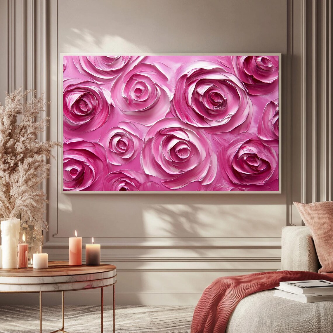 Blush Pink Roses Impasto Textured Floral Oil Painting Wall Art - Image 5
