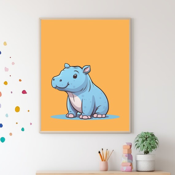 Cute Baby Hippo Cartoon Orange Safari Nursery Kids Room Wall Poster