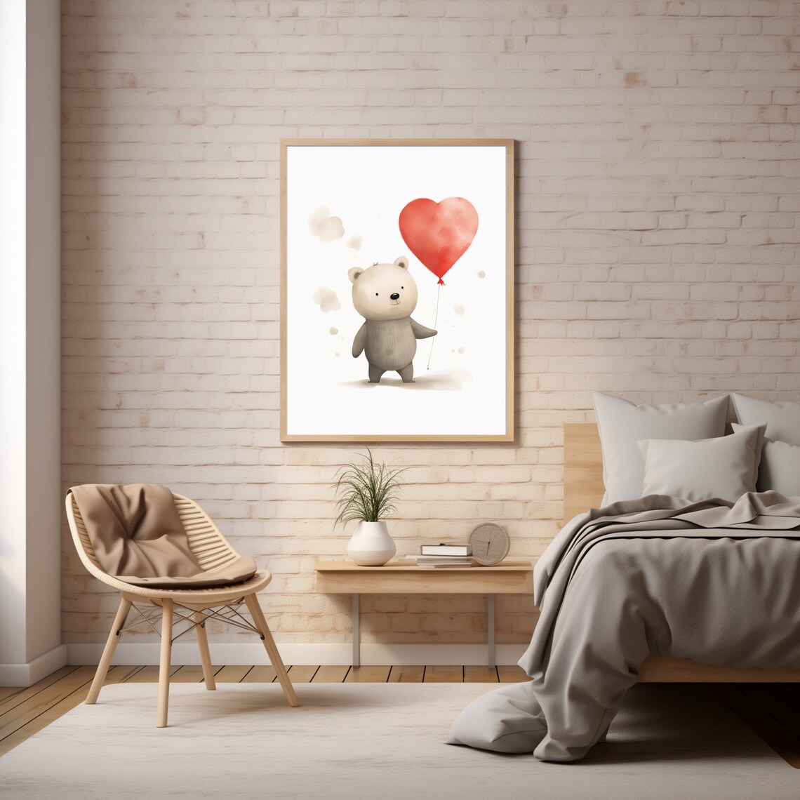 Cute Bear Holding Red Heart Balloon Watercolor Valentine Love Poster - Image 3