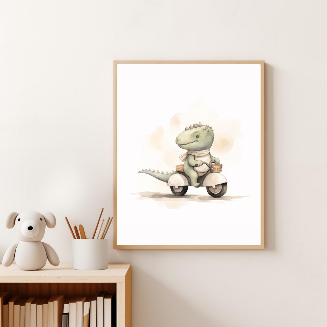 Baby Dinosaur Riding White Scooter With Basket Nursery Wall Art - Image 2