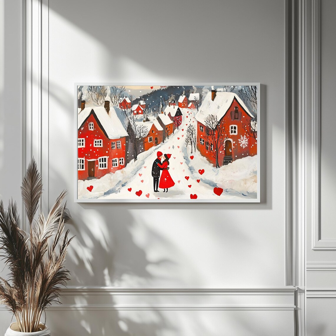 Snowy Village Couple Embrace Red Hearts Winter Romance Painting Print - Image 4
