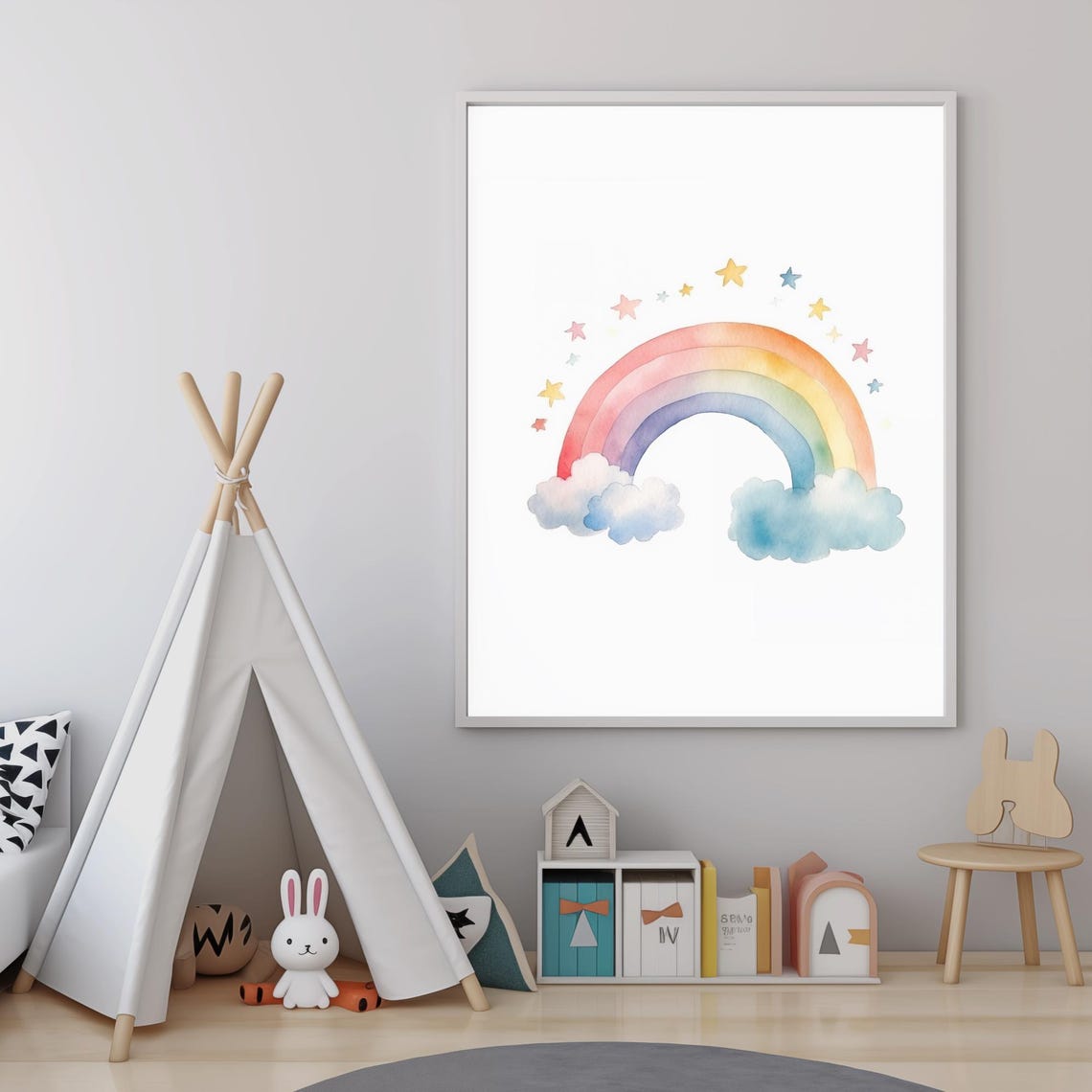 Watercolor Rainbow With Clouds And Stars Nursery Wall Art Poster - Image 5