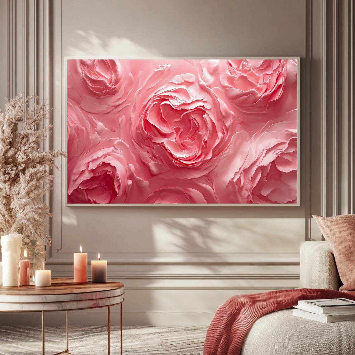 Pink Peony Blossoms Impasto Painting Romantic Frame TV Wall Art - Image 5
