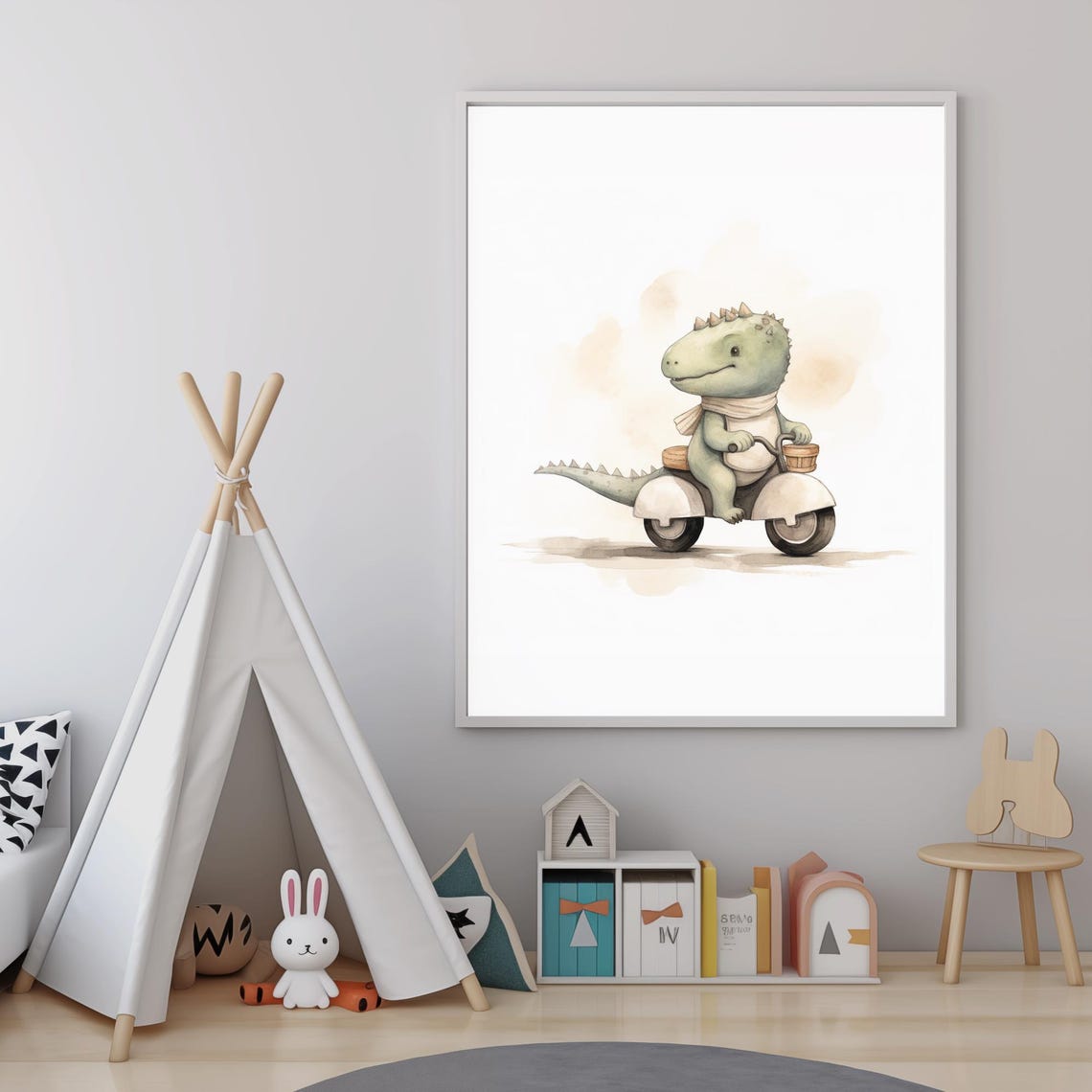 Baby Dinosaur Riding White Scooter With Basket Nursery Wall Art - Image 4
