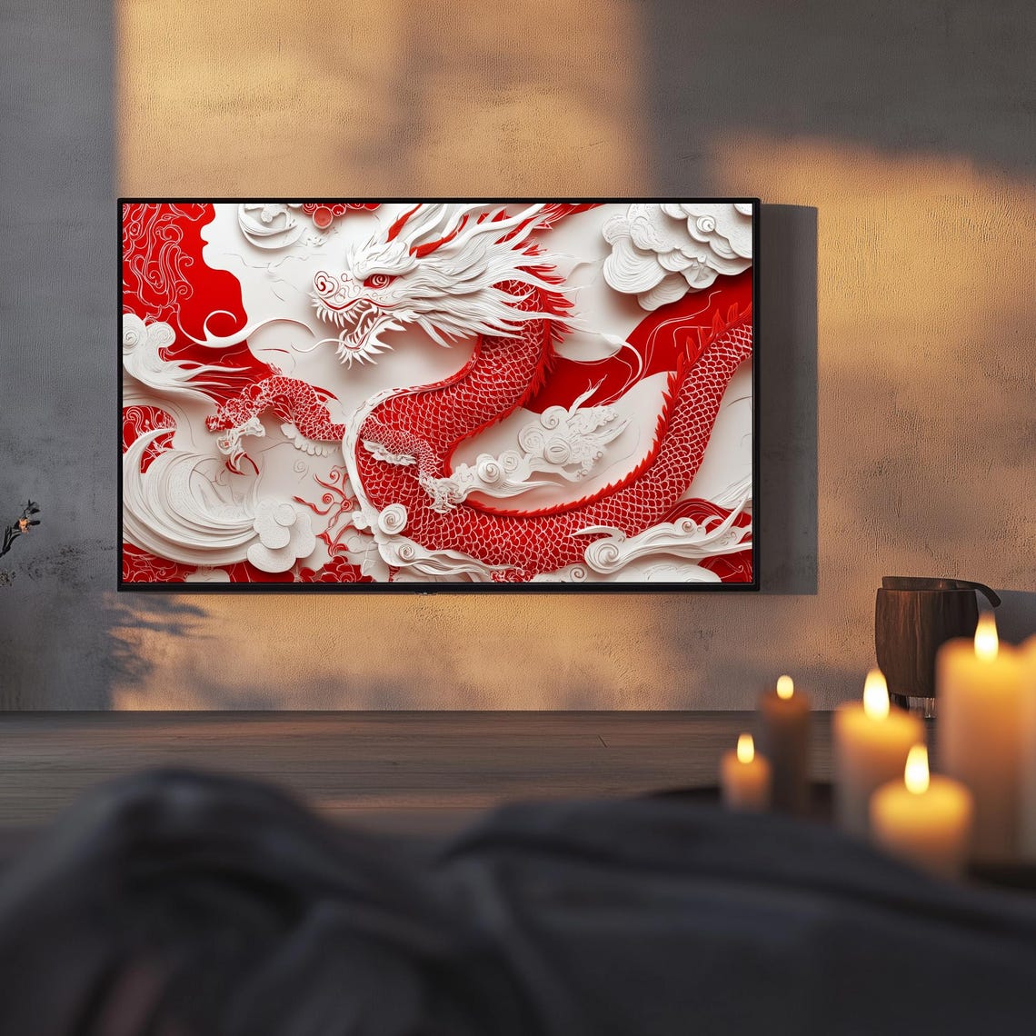 Red Papercut Dragon Clouds Chinese Zodiac Art Frame TV Poster - Image 3