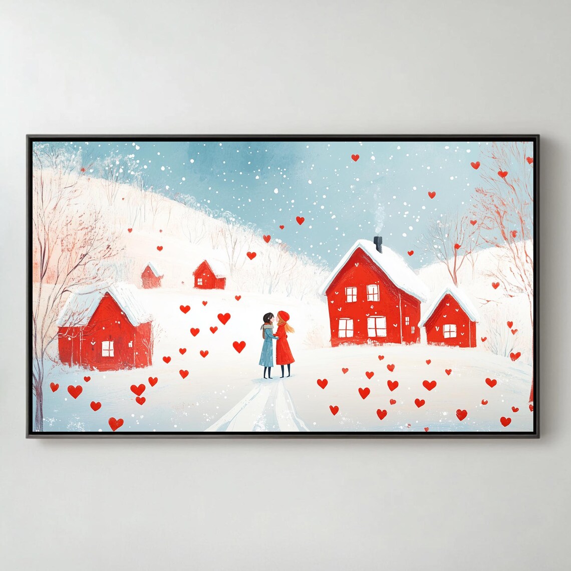 Couple Embracing Snowy Village Red Hearts Valentines Day TV Poster