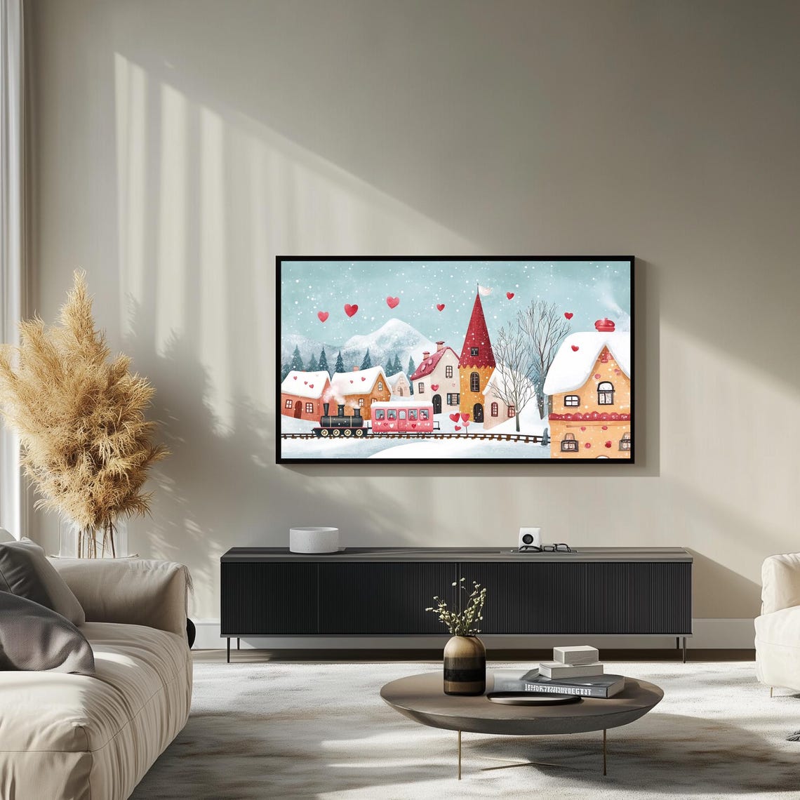 Pink Train With Hearts Passing Snowy Village Mountains Wall Art - Image 3