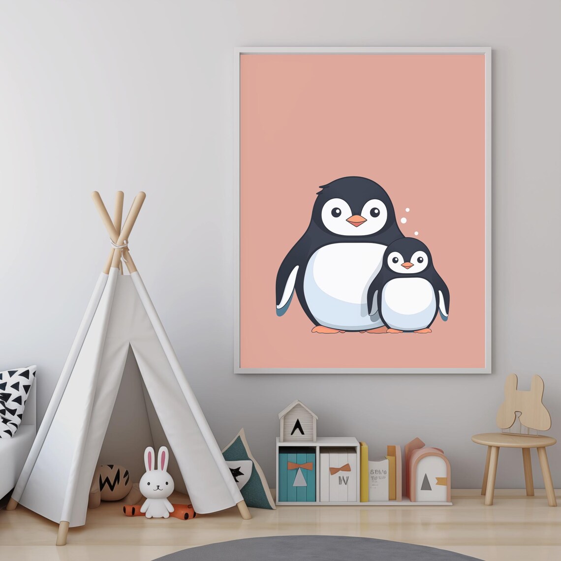 Mommy And Baby Penguin Hugging On Pink Background Nursery Poster - Image 4
