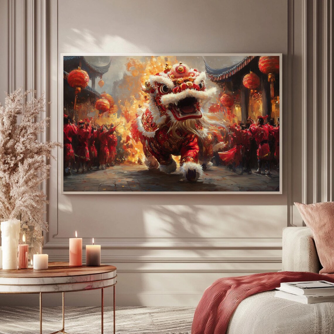 Chinese Lion Dance Lanterns Street Festival Painting TV Poster - Image 5