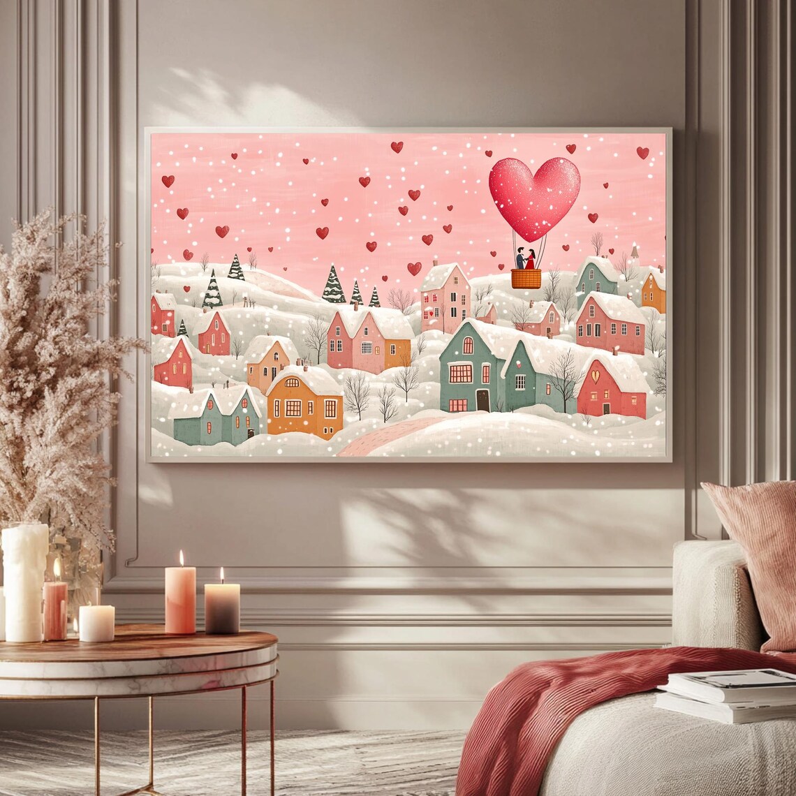 Couple In Heart Hot Air Balloon Over Snowy Village Romantic Poster - Image 5