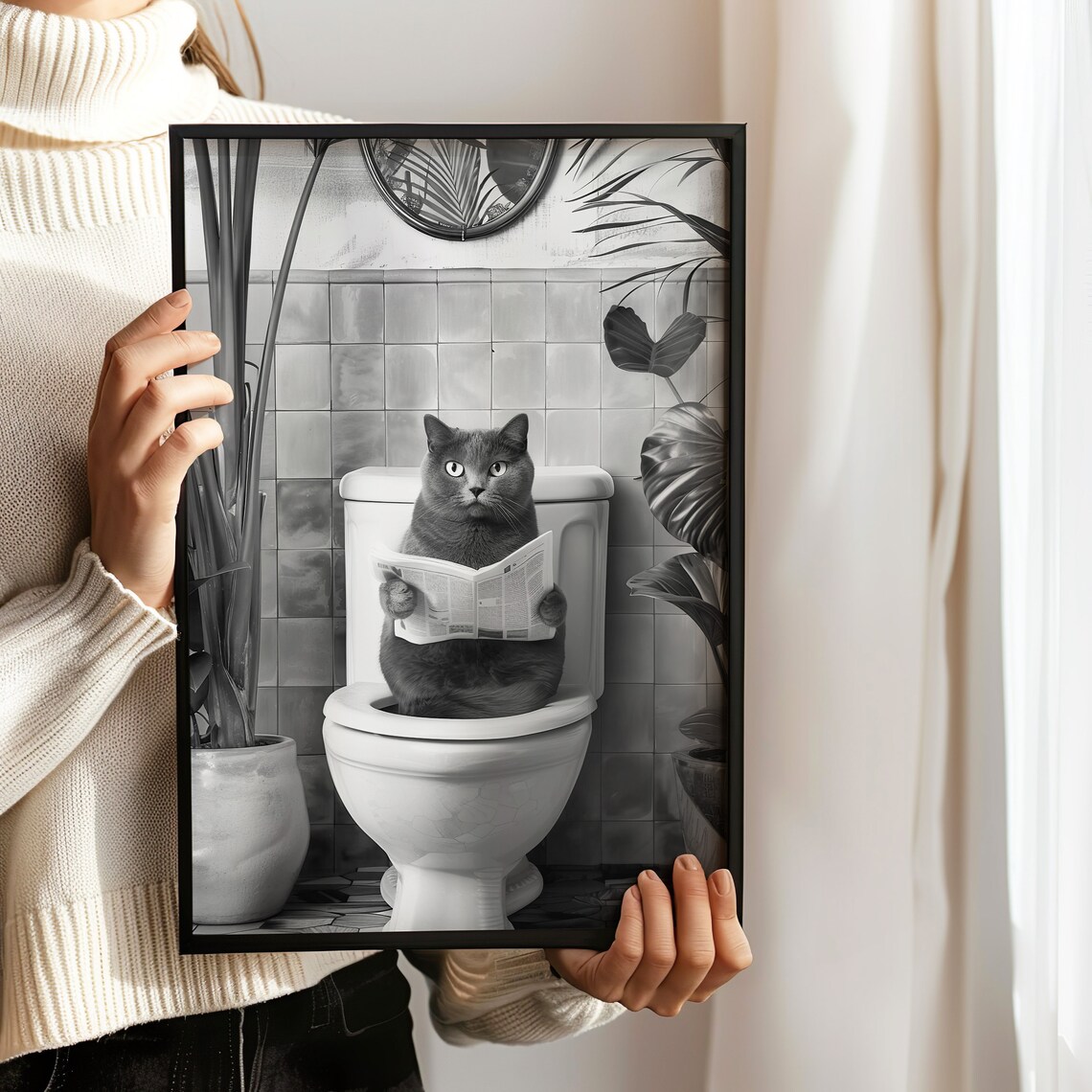 Black White Cat Reading Newspaper On Toilet Funny Bathroom Poster - Image 4