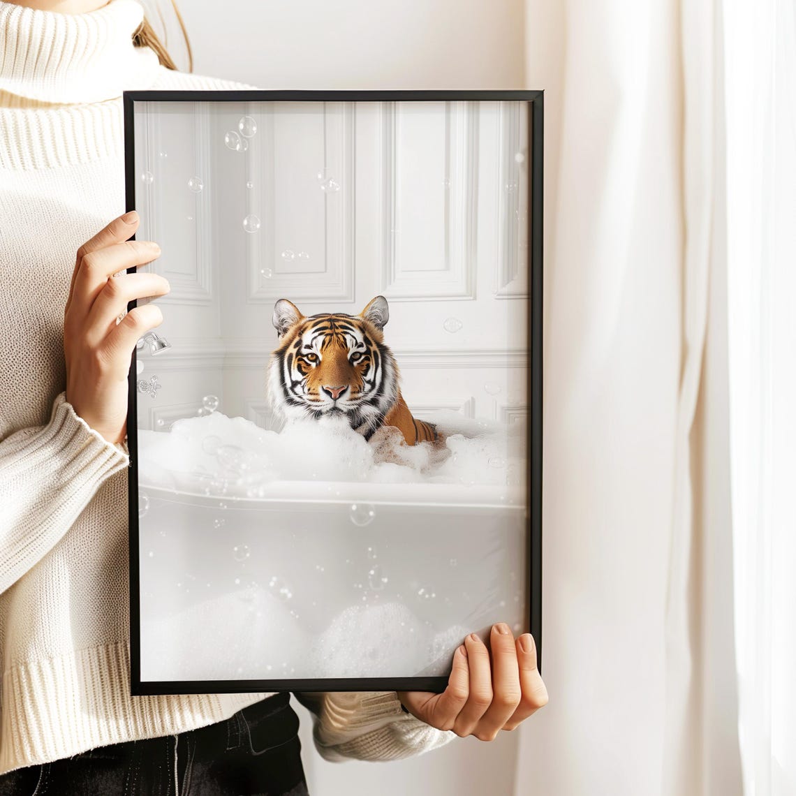 Tiger Soaking in Bubble Bath Bathtub Funny Animal Bathroom Wall Art - Image 5