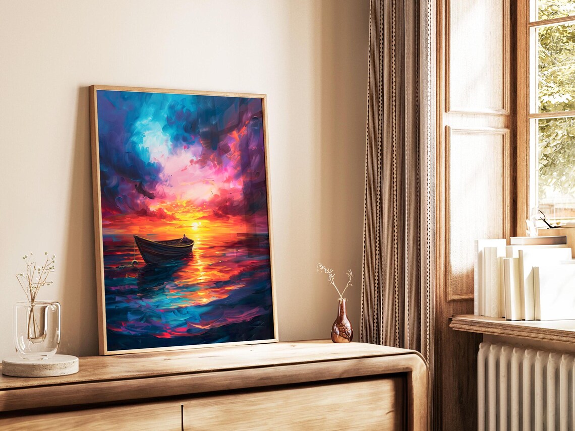 Lone Rowboat Floating On A Vibrant Sunset Ocean Impasto Painting Poster - Image 3