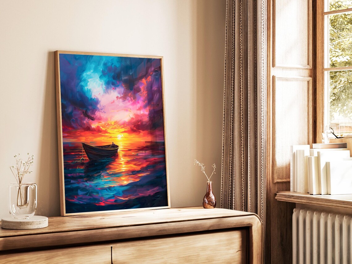 Rowboat On A Colorful Sunset Sea Impasto Oil Painting With Dramatic Clouds Poster - Image 4