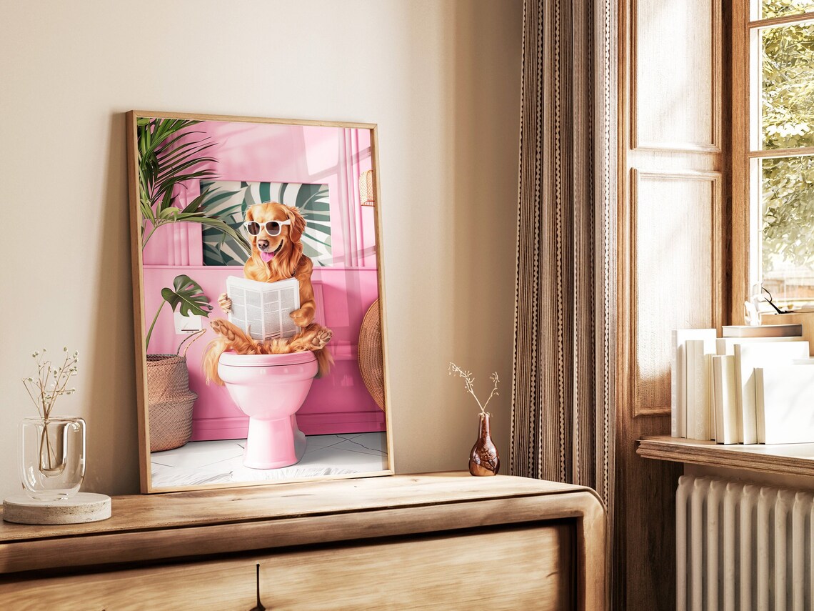 Golden Retriever Reading on Toilet Funny Dog Art Print - Image 3