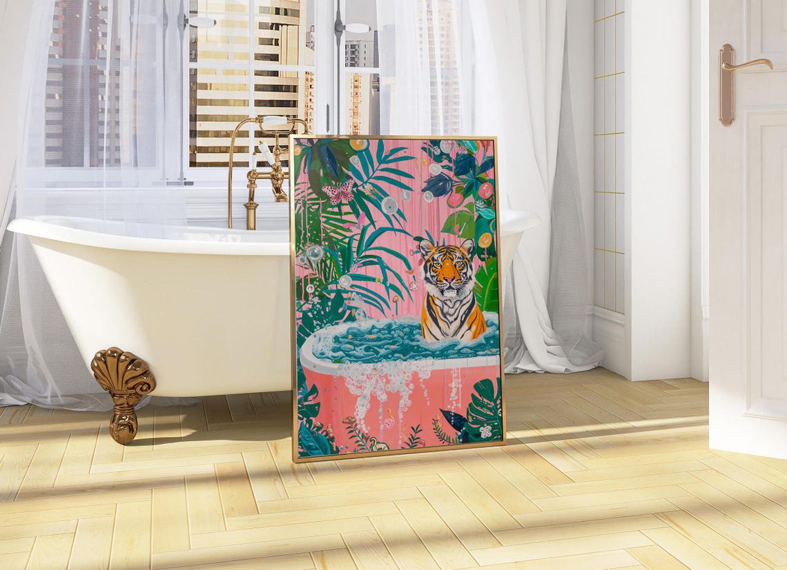 Tiger In A Bathtub With Pink Tropical Leaves And Butterflies Poster - Image 5