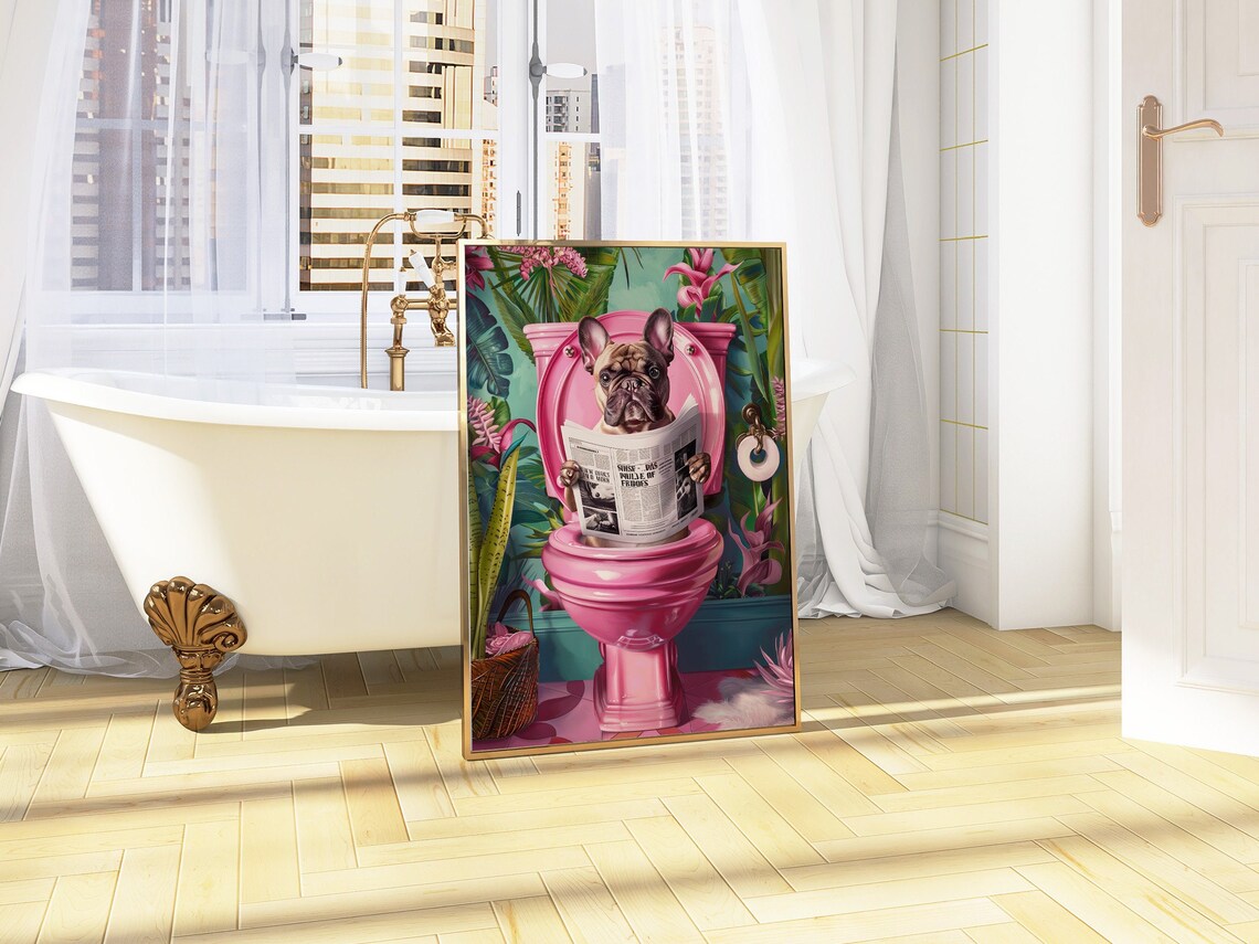 Cream French Bulldog Reading Newspaper On Pink Toilet Poster - Image 5