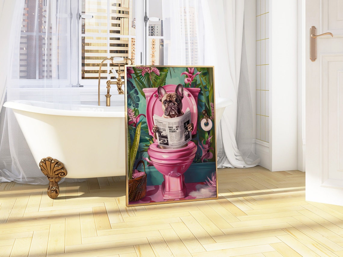 Cream French Bulldog Reading On Toilet Print Funny Dog Poster Toilet Wall Art Bathroom Wall Art French Bulldog Prints Bathroom Wall Decor - Image 5