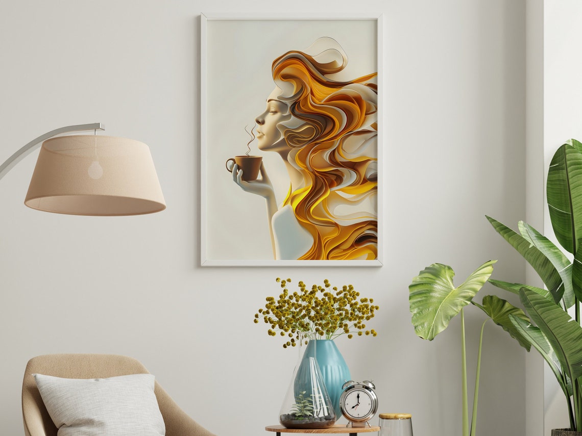 Golden Abstract Woman Profile Holding Coffee Cup 3D Art Poster - Image 2