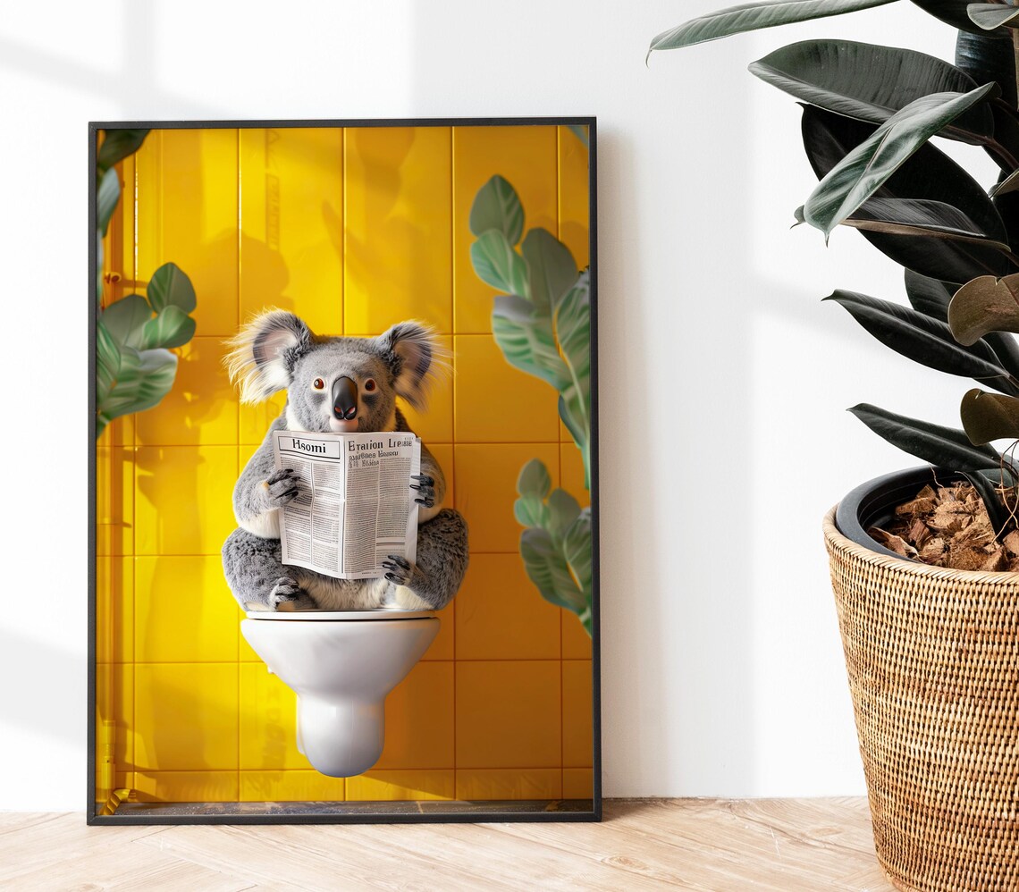 Koala Reading Newspaper On Toilet Yellow Tile Bathroom Poster - Image 3