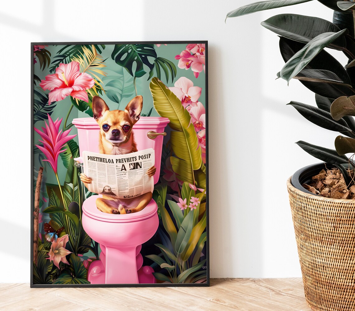 Golden Chihuahua Reading on Toilet Funny Dog Art Print - Image 3