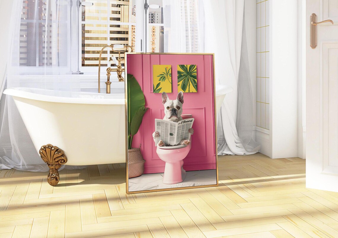 French Bulldog Reading on Toilet Funny Bathroom Art Print - Image 2